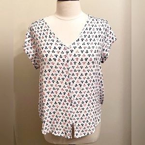 Liz Claiborne White Blue Red Ditsy Floral Button Down Short Sleeve Top Size L